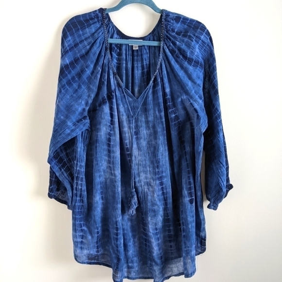 𝅺AVENUE Tie Dye Blue Tunic Beaded Neckline Tassels Loose Fit 18/20 Plus Boho - Picture 1 of 13